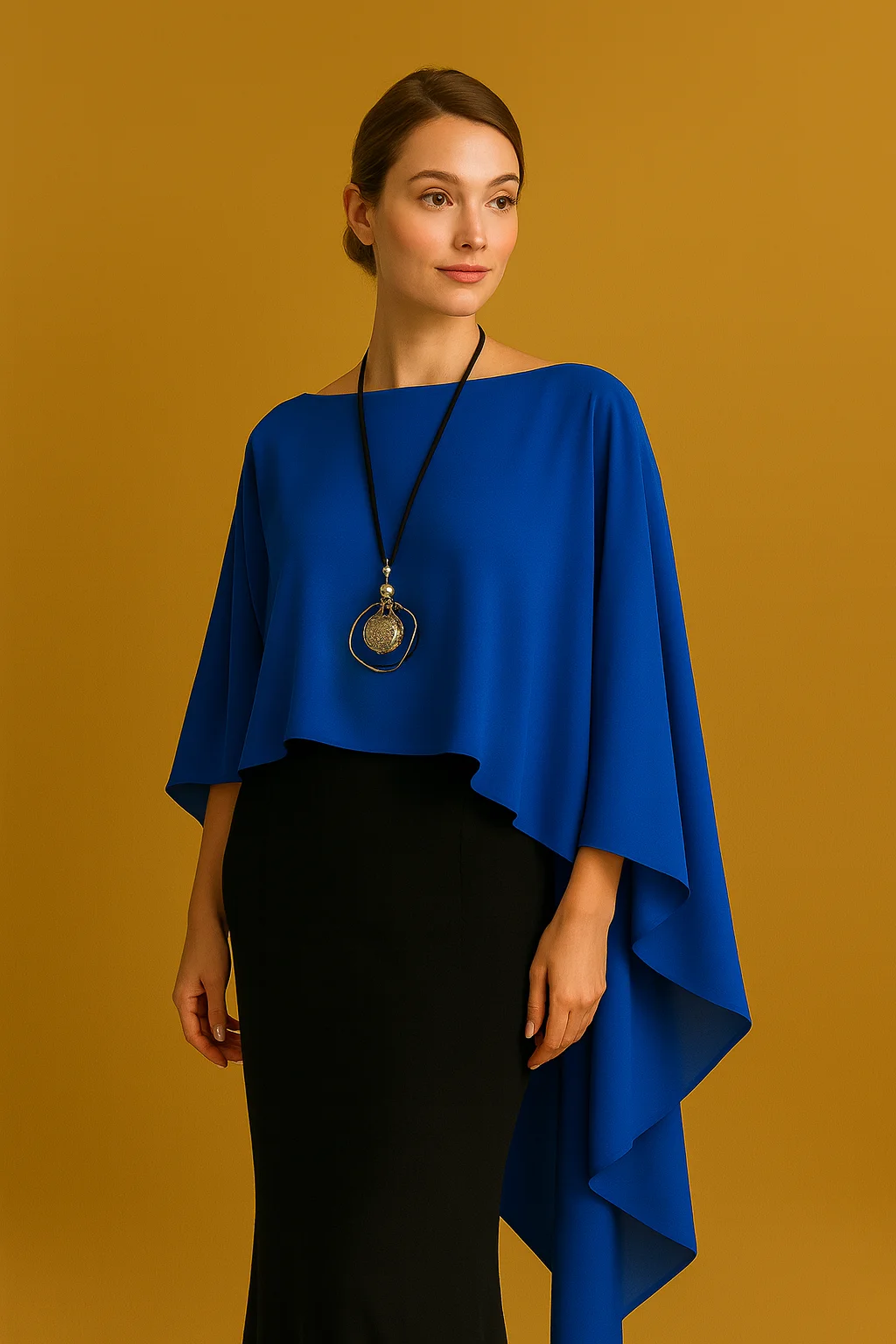 Woman in a cobalt blue cape blouse with asymmetrical drape over a black skirt, front view against a warm mustard background.