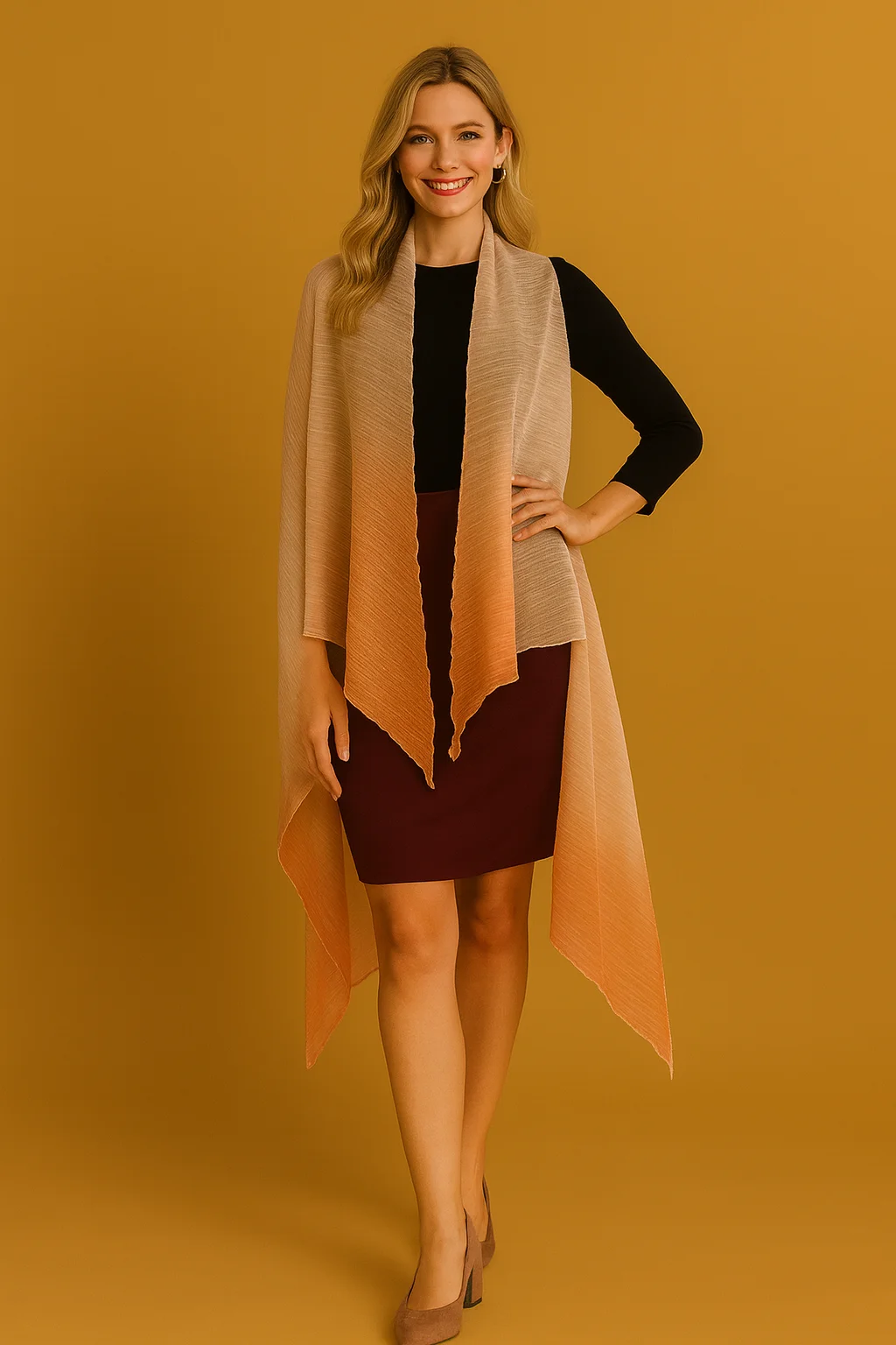 Smiling woman wearing a long peach-to-amber draped shawl over a black top and burgundy pencil skirt, front view on a mustard backdrop.