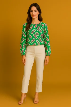 Printed blouse with swirl pattern in varied tones, fluid drape and modest fit on a neutral background — Swirl Delight by RIXA.