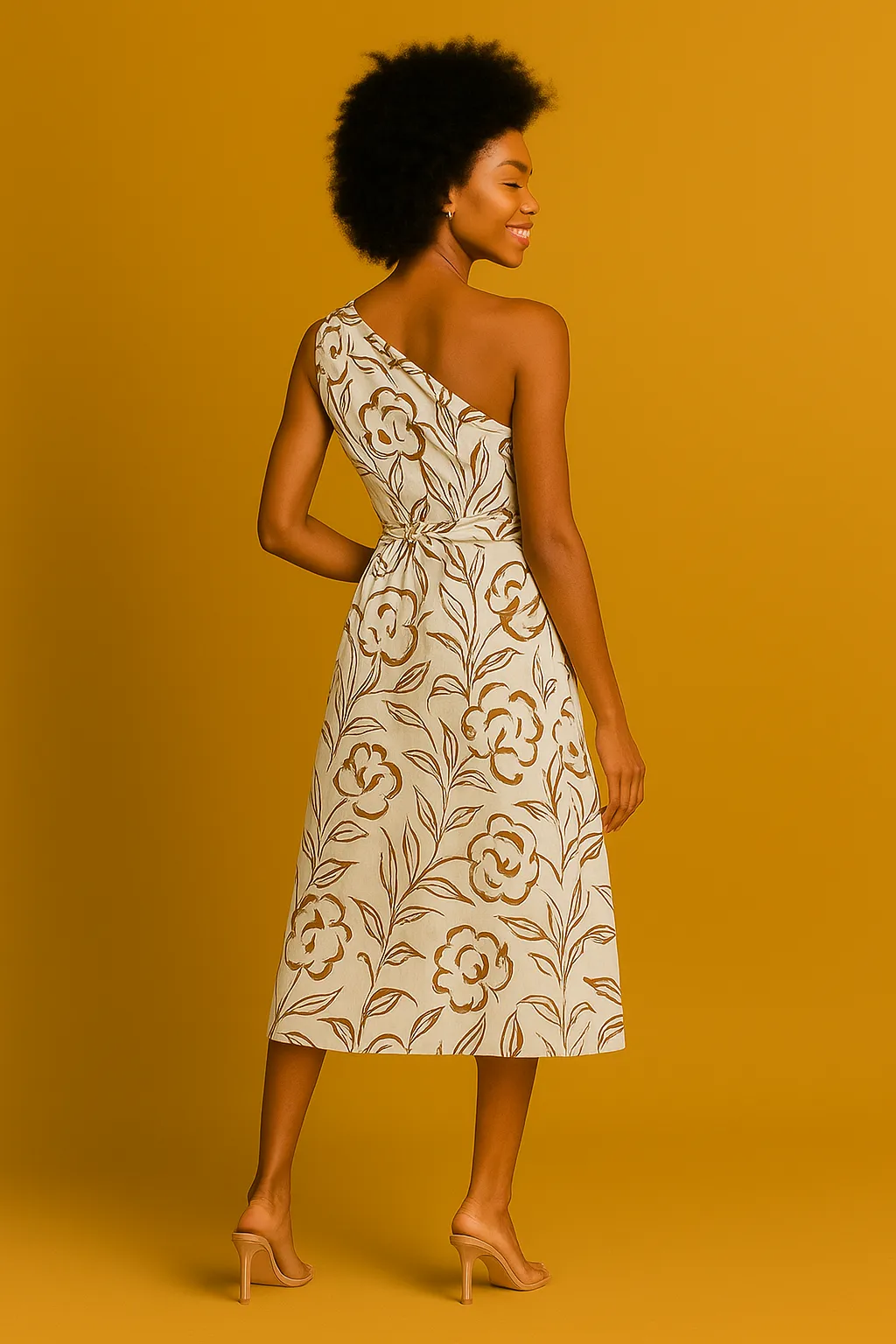 One-shoulder floral midi dress in warm neutrals