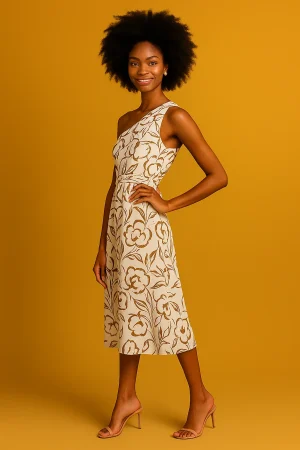 One-shoulder floral midi dress in warm neutrals