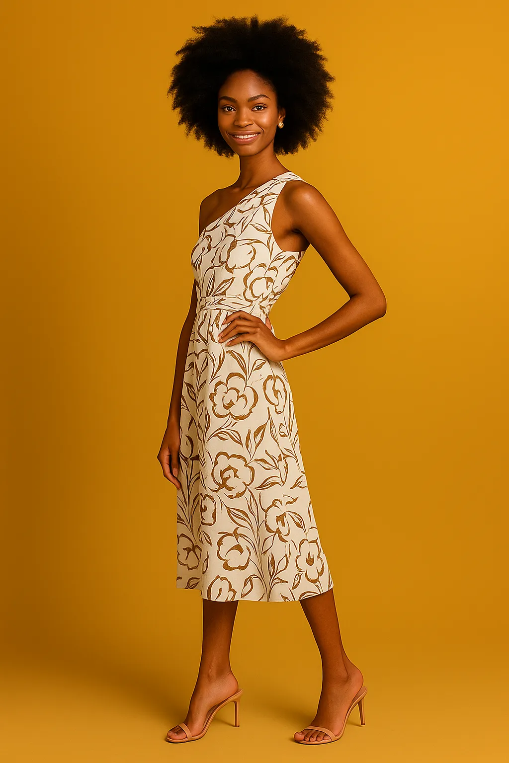 One-shoulder floral midi dress in warm neutrals