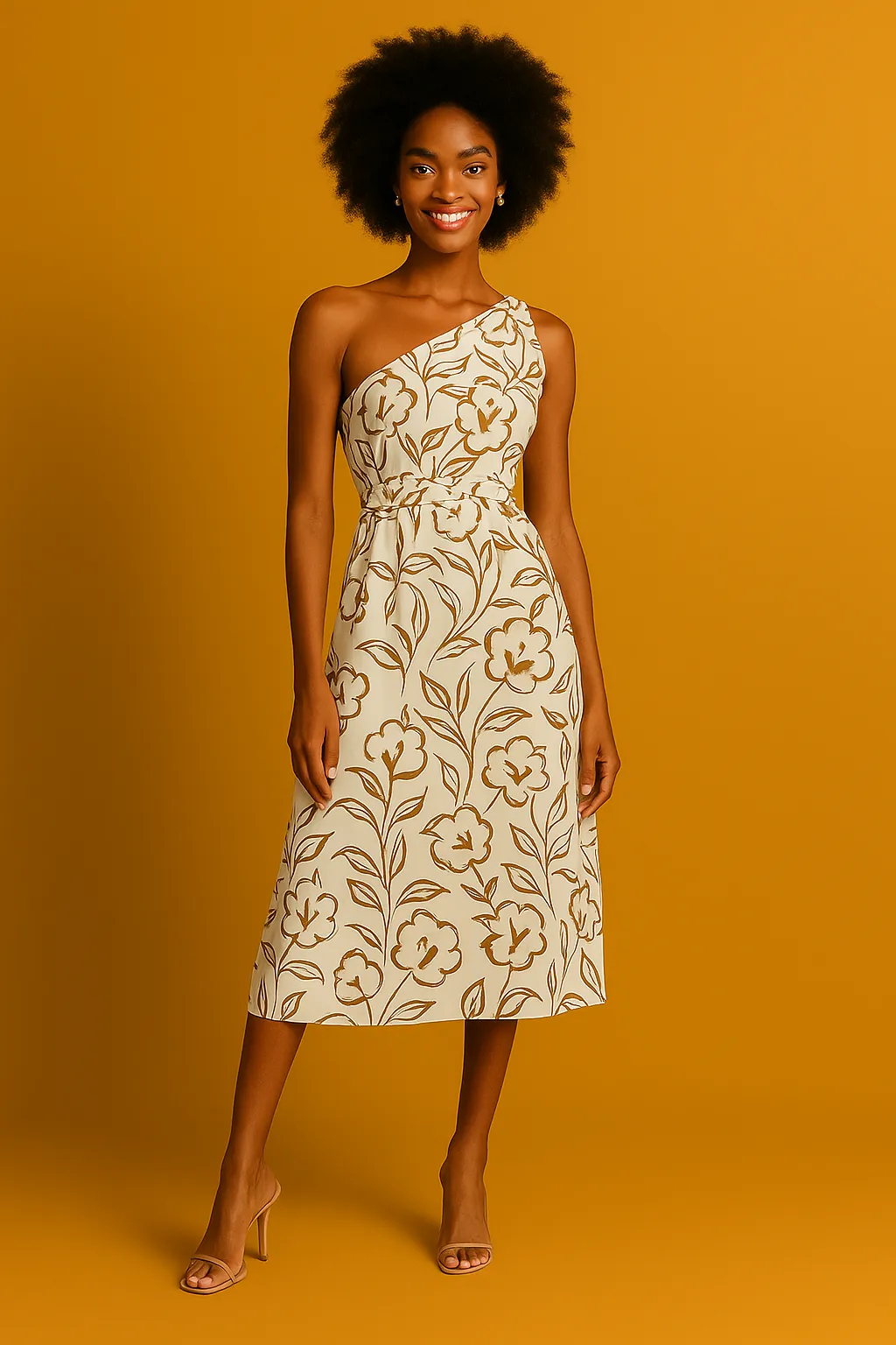 One-shoulder floral midi dress in warm neutrals