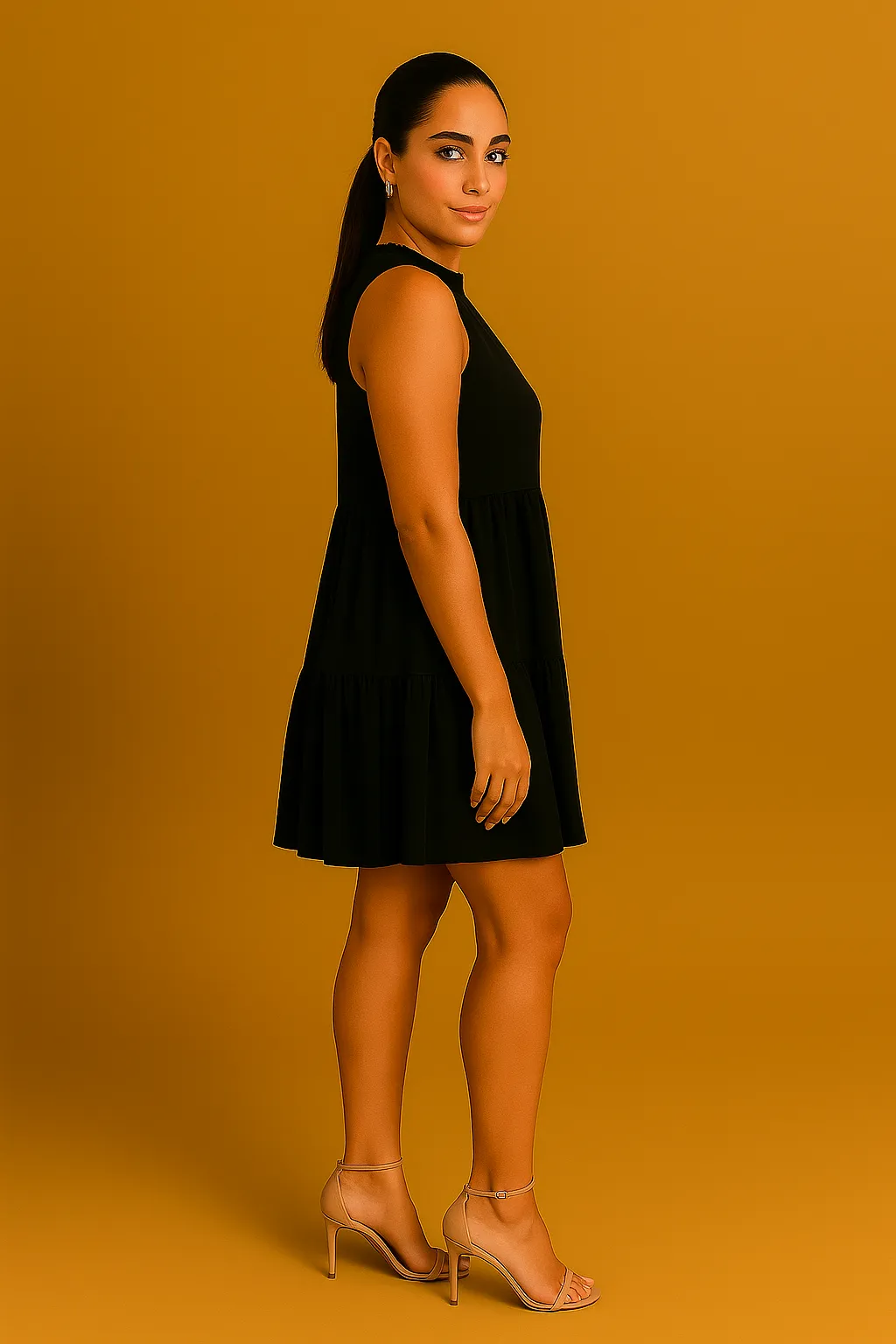 Sleeveless black tiered dress, effortless chic for evenings