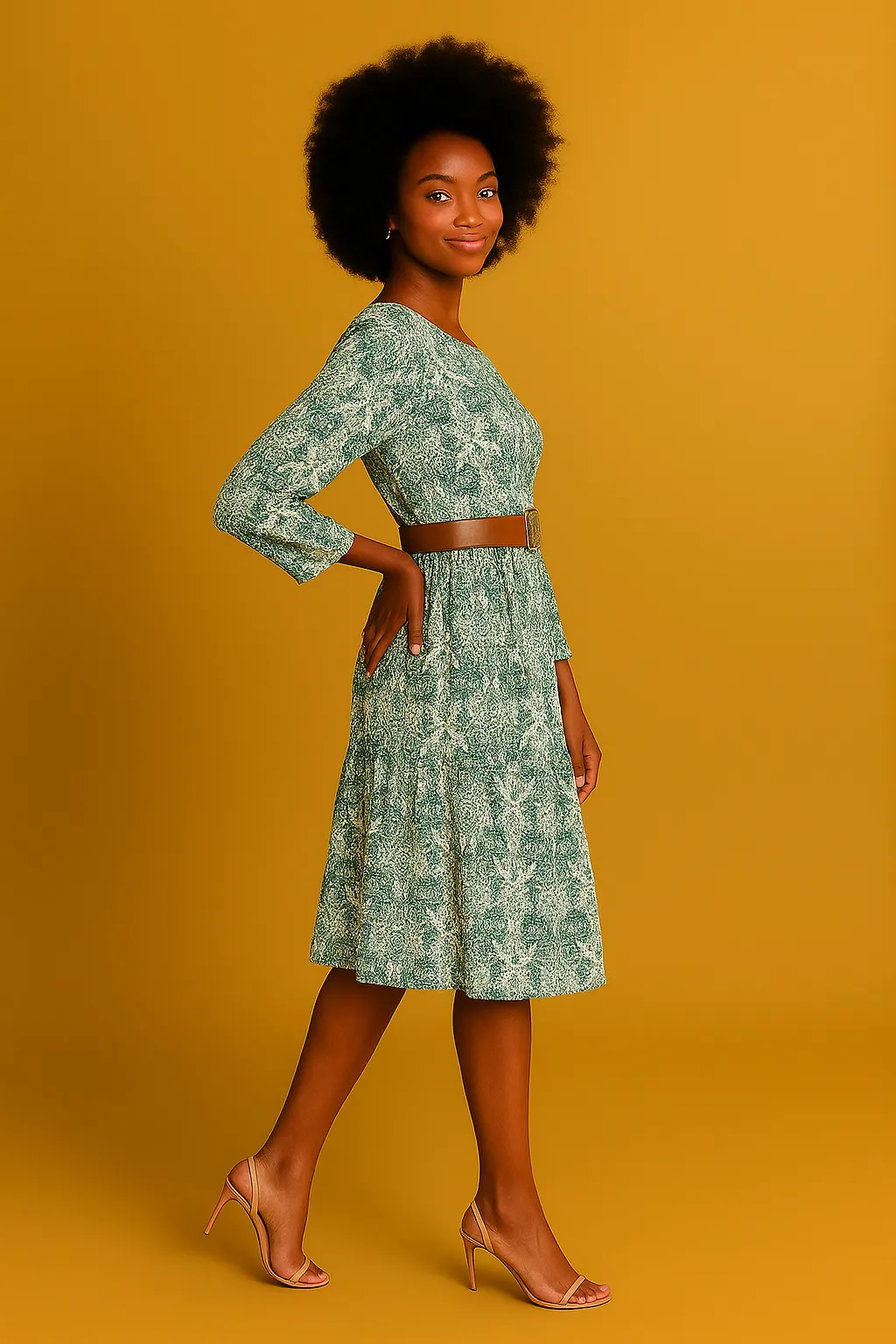 Elegant green floral midi dress with long sleeves and a cinched belt—lightweight, modest, and perfect for work, church, or weekend events.