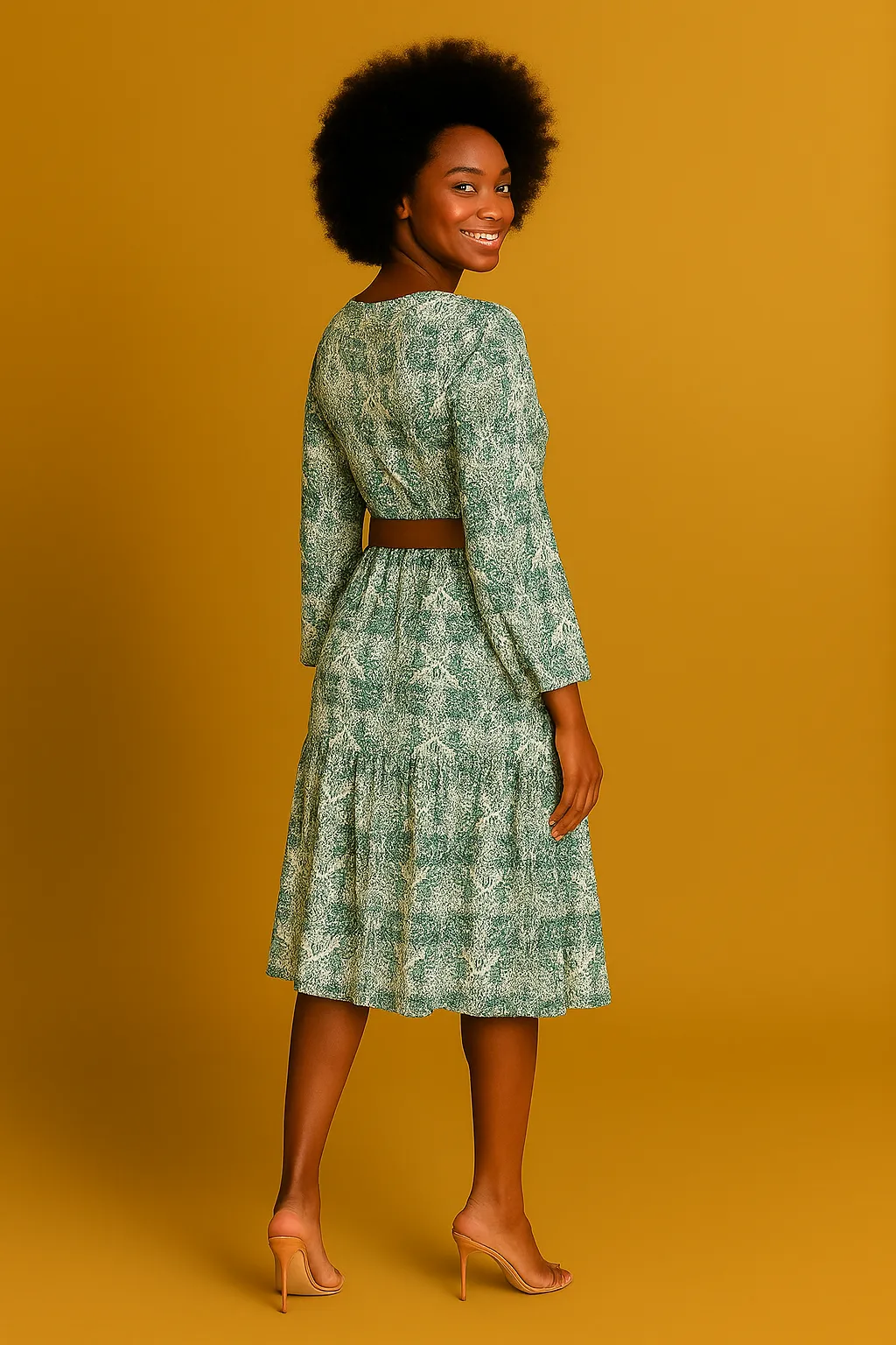 Elegant green floral midi dress with long sleeves and a cinched belt—lightweight, modest, and perfect for work, church, or weekend events.