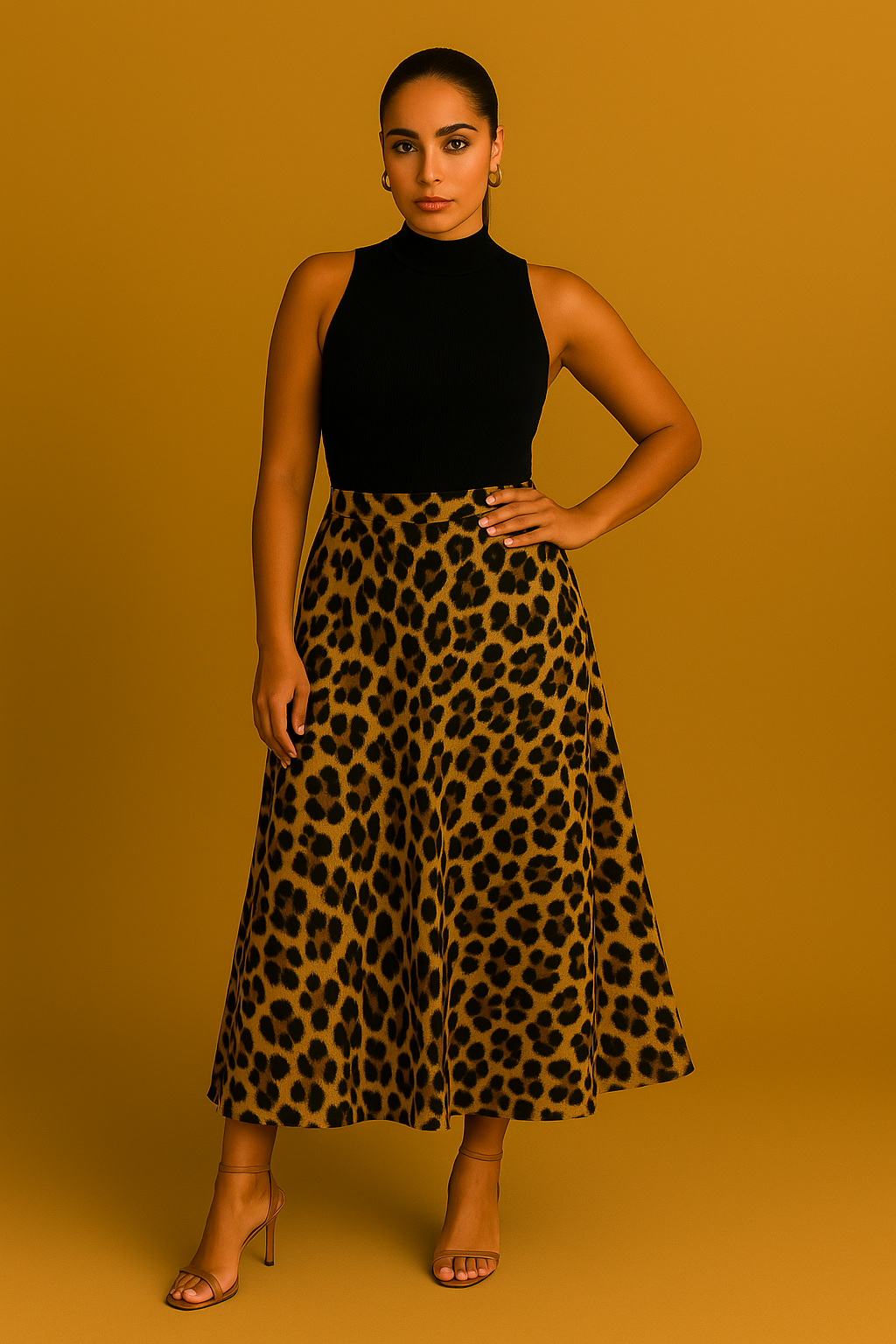 Safari-print midi skirt in neutral tones, elastic waistband, modest drape; front view on model against a neutral background.