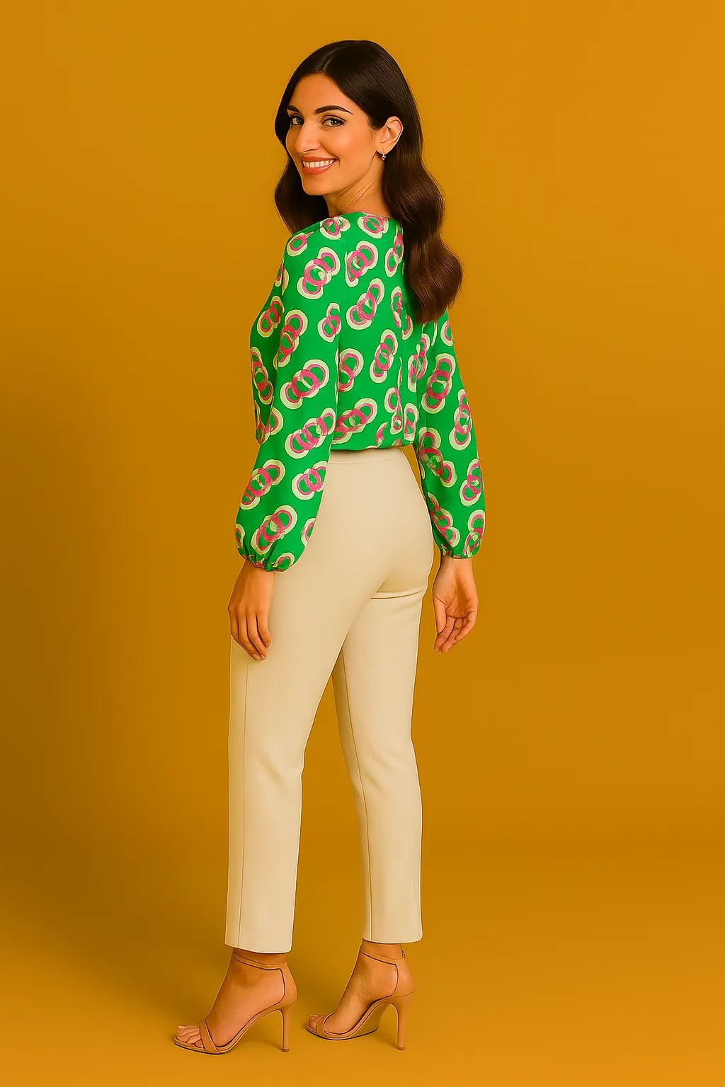 Printed blouse with swirl pattern in varied tones, fluid drape and modest fit on a neutral background — Swirl Delight by RIXA.